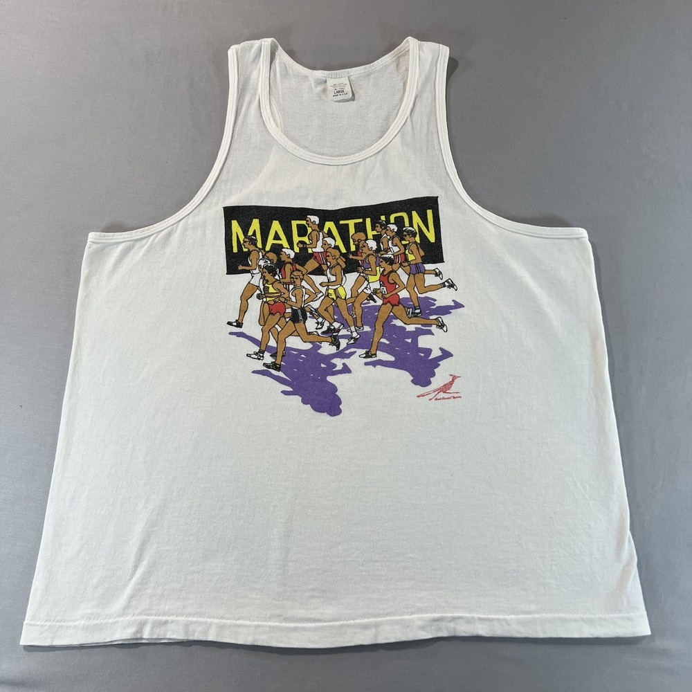 Vintage 80s Marathon Tank Top | Single Stitch | Men's‎ Large | Running Graphic |